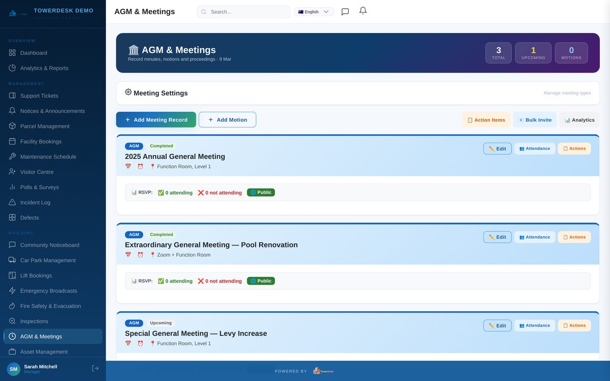 AGM and owners corporation governance module — TowerDesk strata management software