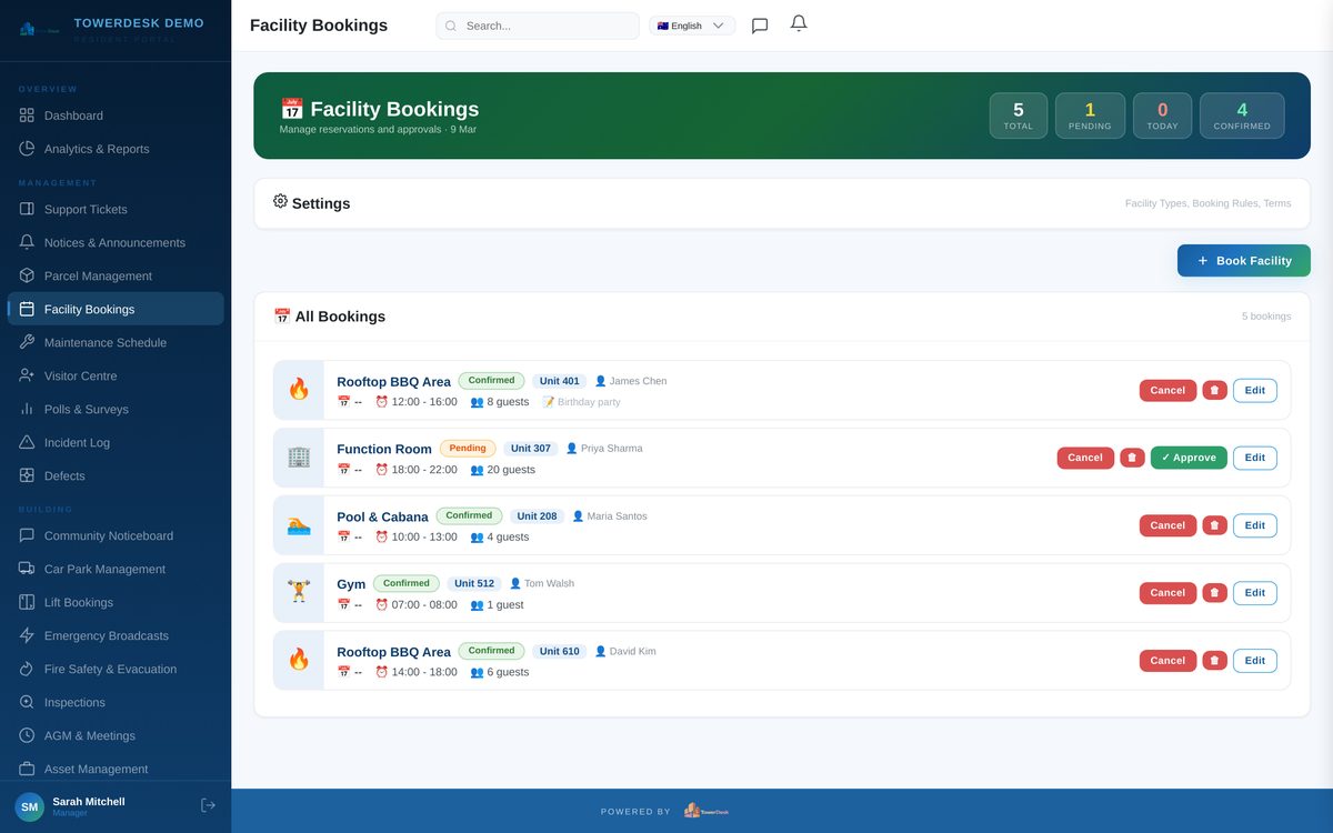 Facility booking system for strata common areas — TowerDesk resident portal