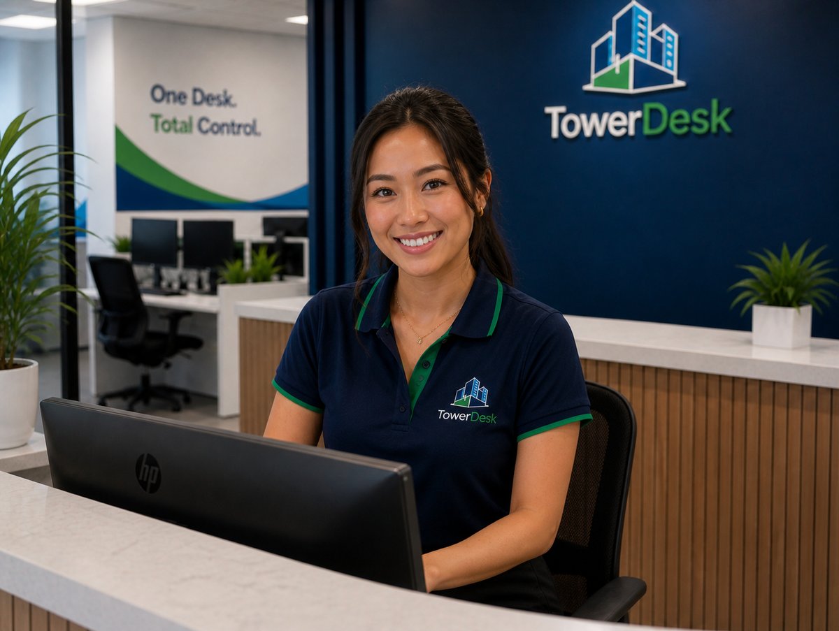 TowerDesk support team member at the Sydney head office, smiling at her workstation in front of the TowerDesk logo wall