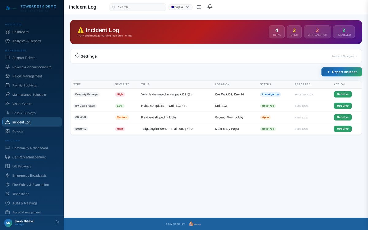Incident reporting and tracking for strata buildings — TowerDesk