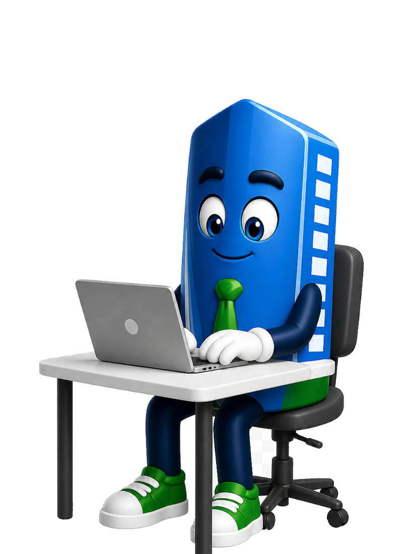 Towie working at a laptop &mdash; managing buildings