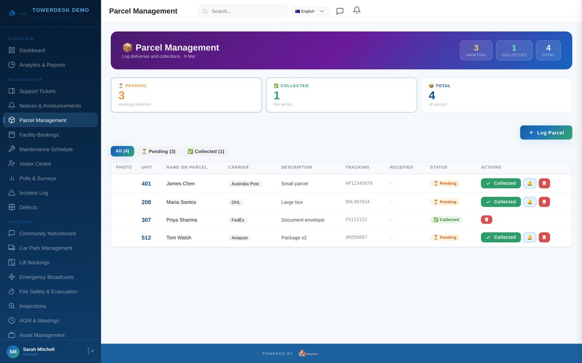 Parcel and delivery management for apartment buildings — TowerDesk