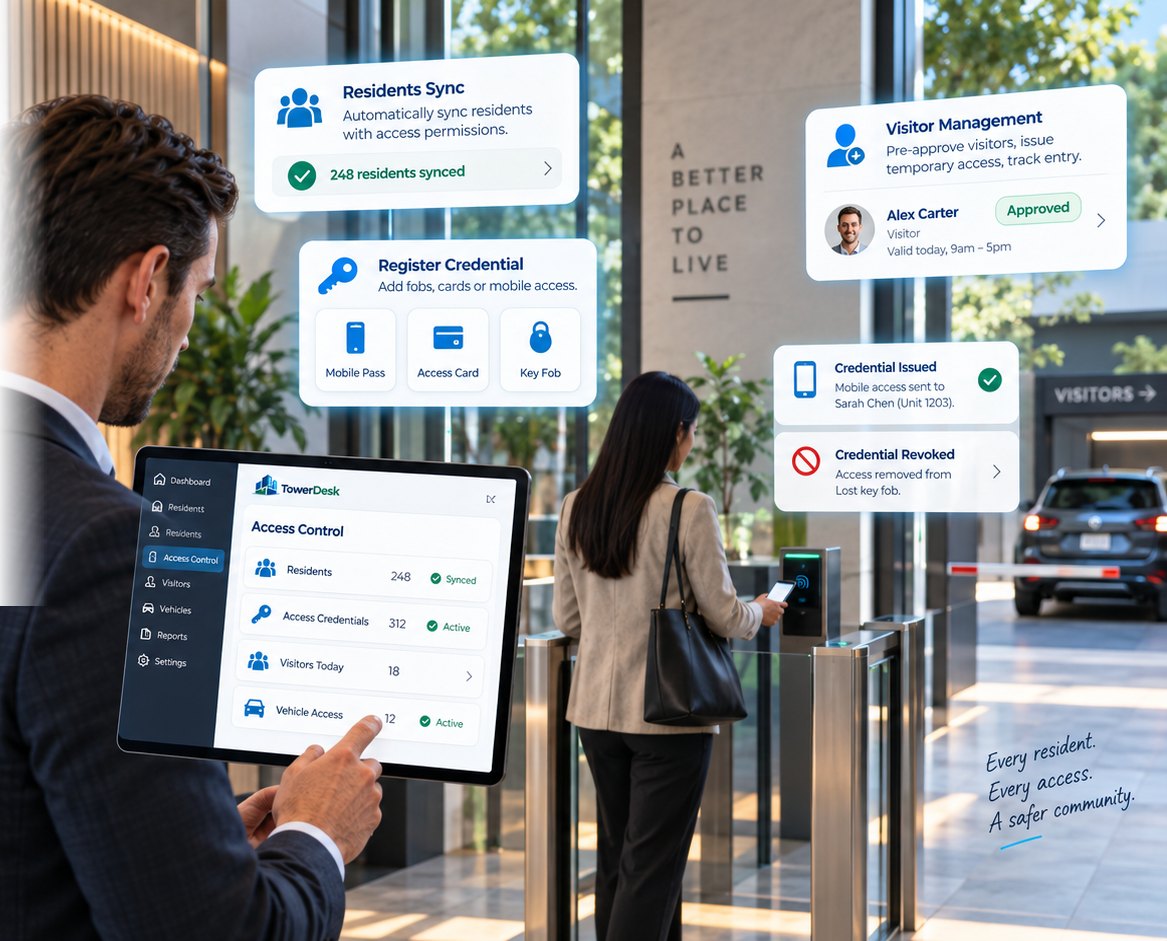 TowerDesk access control on a tablet showing 248 residents synced, 312 active credentials and 18 visitors today, with a resident tapping a mobile pass at a lobby speedgate and a car at the boom gate
