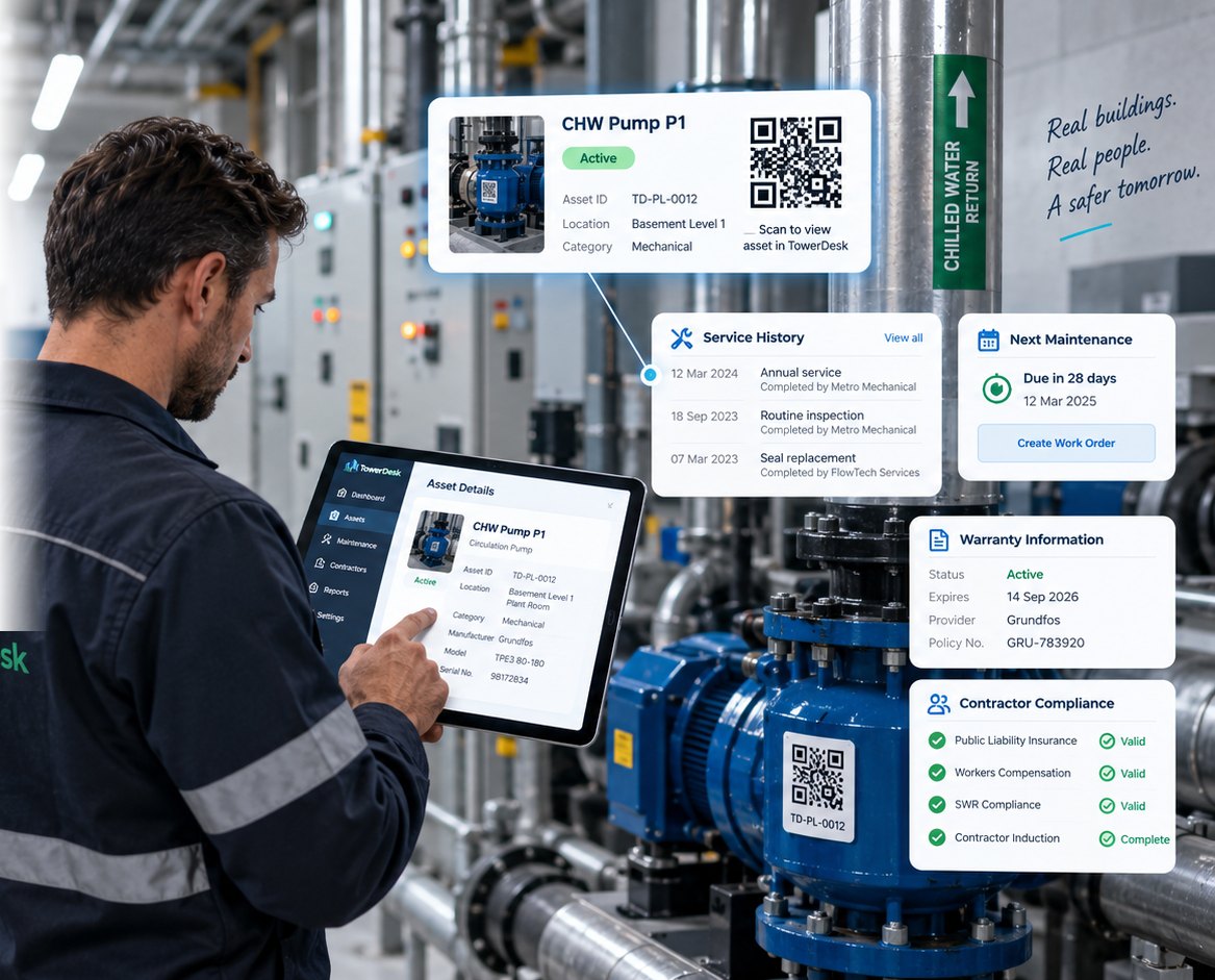 A technician in a plant room scanning a QR label on a chilled water pump, with TowerDesk showing the asset details, service history, next maintenance date, warranty information and contractor compliance status