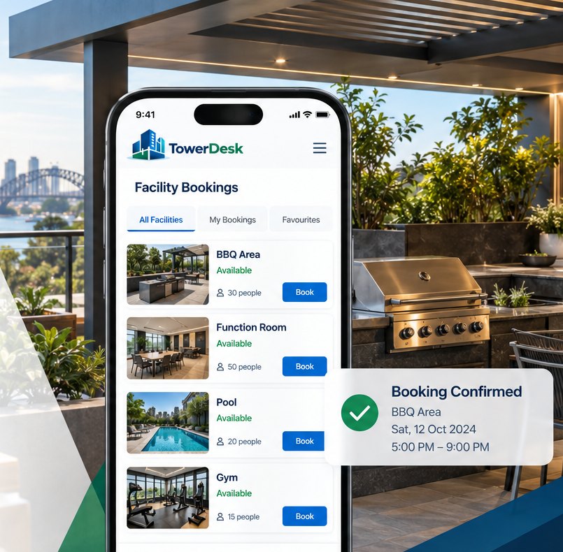 A resident booking the BBQ area in the TowerDesk app from a rooftop terrace, with live availability for the function room, pool and gym and a confirmation for Saturday evening