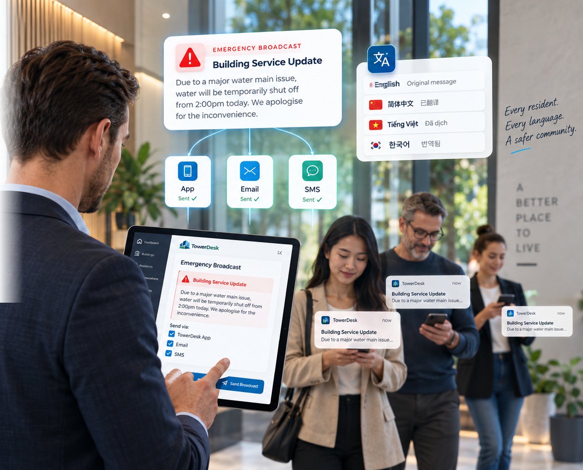 A building manager sending an emergency broadcast about a water main shutdown from a tablet, going out by app, email and SMS with automatic translation into Chinese, Vietnamese and Korean, while residents in the lobby receive it on their phones