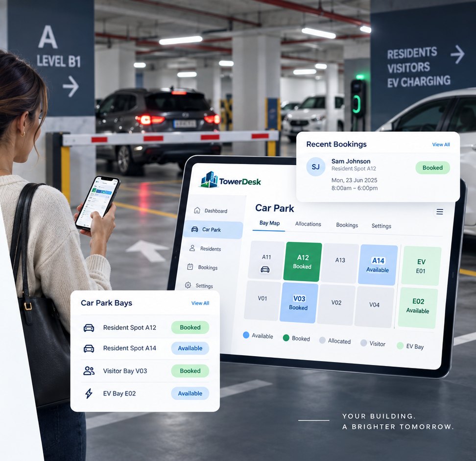 A resident booking a car space in the TowerDesk app in a basement car park, with a bay map showing resident spots, visitor bays and EV charging bays as booked or available