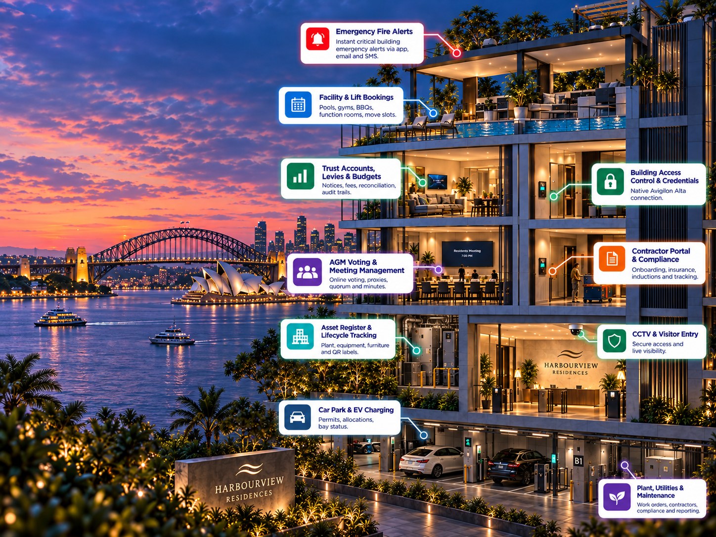 A Sydney harbourside apartment building at dusk, cut away to show the rooftop pool, residences, meeting room, lobby and basement car park, with TowerDesk handling emergency fire alerts, facility bookings, trust accounts and levies, access control, AGM voting, contractor compliance, the asset register, CCTV, EV charging and plant maintenance on each level
