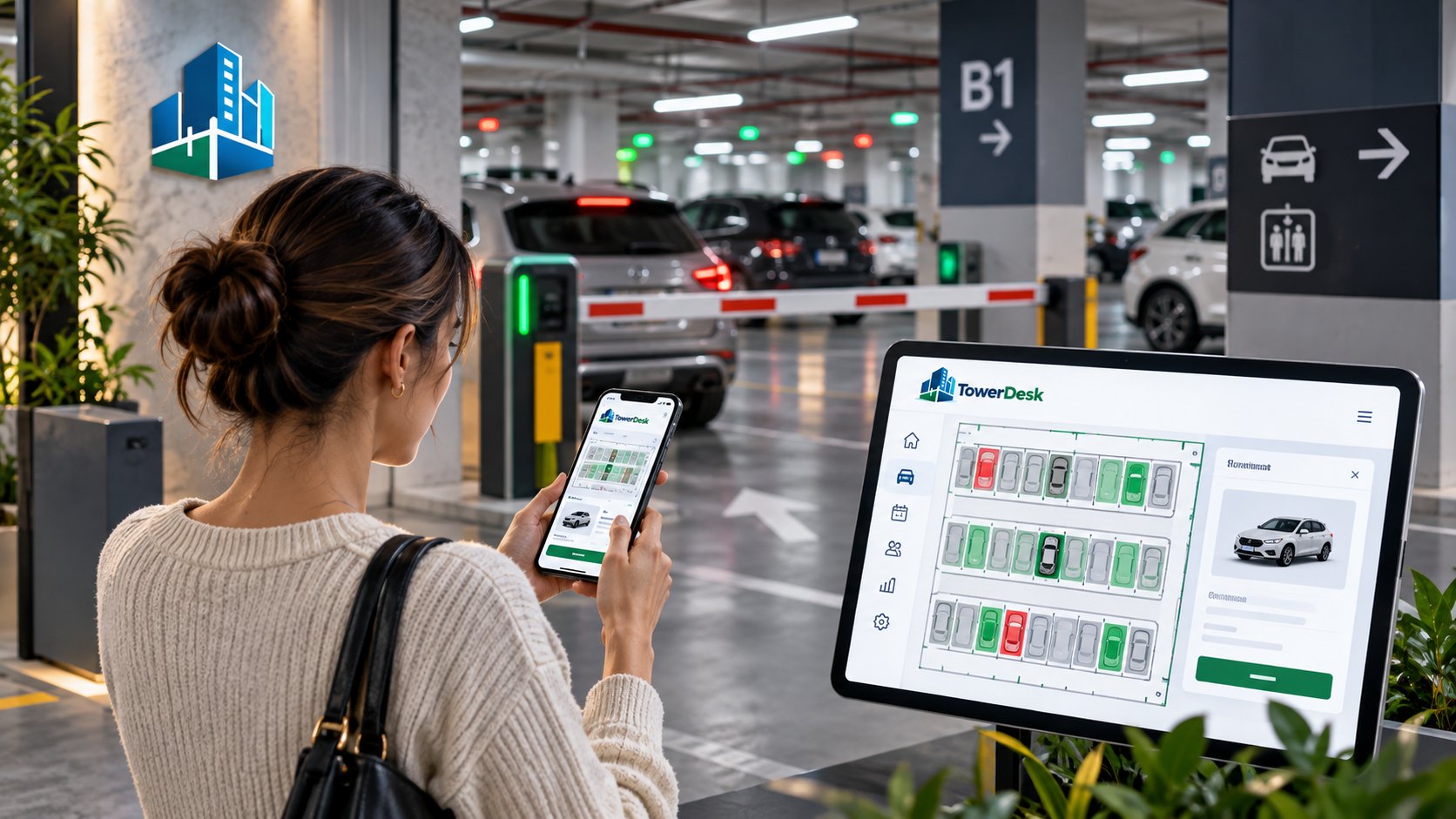 A basement car park with EV chargers and a boom gate, and a live TowerDesk bay map showing which parking spaces are allocated, booked and available