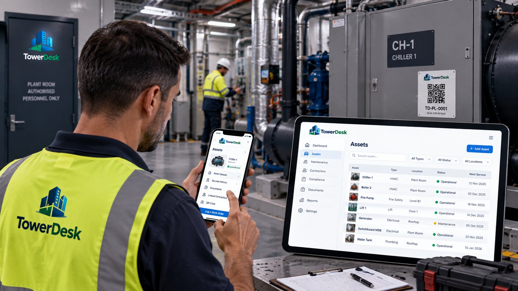 A technician in a plant room scanning the QR label on Chiller 1, with the TowerDesk asset register listing chillers, boilers, fire pumps, lifts, generators and switchboards and their next service dates
