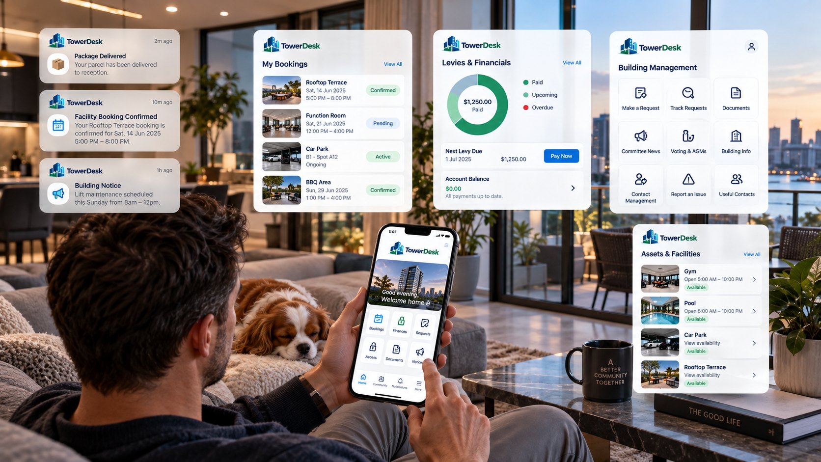 A resident at home using the TowerDesk app, with parcel and booking notifications, levy balance and payment, building management requests and facility availability