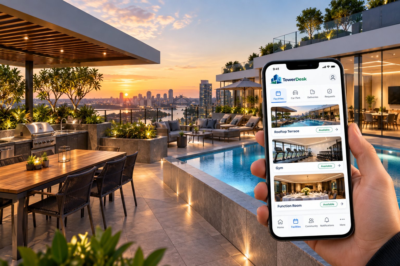 A rooftop terrace at sunset with barbecue, pool and harbour view, and a resident booking the rooftop terrace, gym and function room in the TowerDesk app