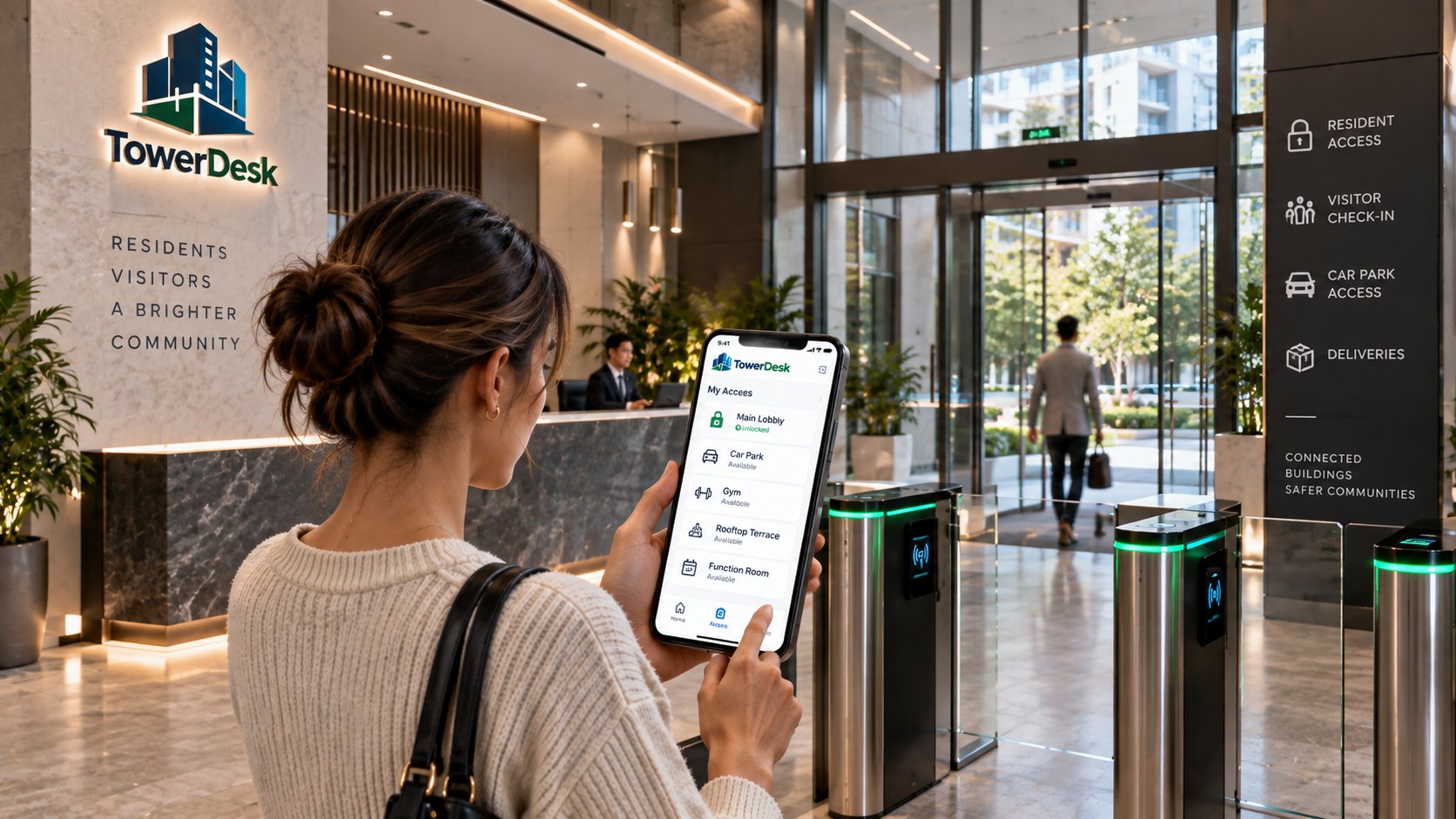 A resident opening a lobby speedgate with a mobile pass in the TowerDesk app, beside signage for resident access, visitor check-in, car park access and deliveries