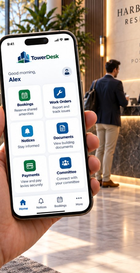 The TowerDesk resident app open in a building lobby, showing bookings, work orders, notices, documents, payments and committee tiles